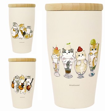 日本東亞金屬TOA真空斷熱350ml療癒插畫家@mofu_sand貓咪保溫杯53-209隔熱保冷杯(附天然木杯蓋)