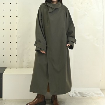 葉狀翻領-寬鬆長版風衣外套-灰色