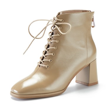 TAS 方頭中線羊皮綁帶粗高跟短靴 淺棕 #43808