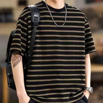 新款條紋T恤 夏季美式潮牌T 寬鬆上衣 圓領T恤 休閒半袖短袖上衣 Z0223