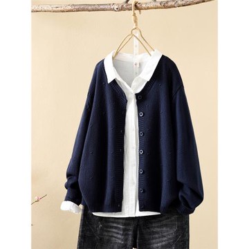 復古文藝純色棉線針織開衫女外貿出口高品質寬松簡約百搭毛衫外套