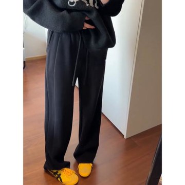 黑色闊腿運動褲子女秋季大碼胖mm顯瘦粗腿屁股大寬松直筒休閑衛褲