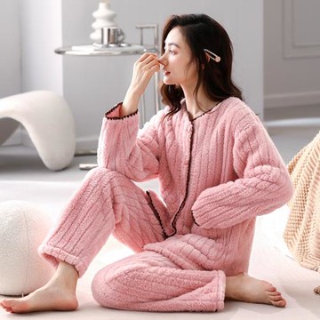 無領女休閑寬松保暖珊瑚絨睡衣