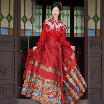 【小歡喜Little Joy】花開富貴紅色織金馬面裙漢服女套裝 敬酒服 訂婚服 新中式國風馬面裙 日常可穿