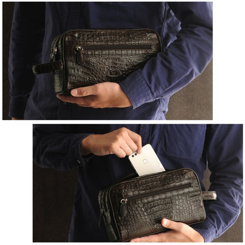 【クロコダイル本革】セカンドバッグ　カイマン　財布付き　ブラック　自立