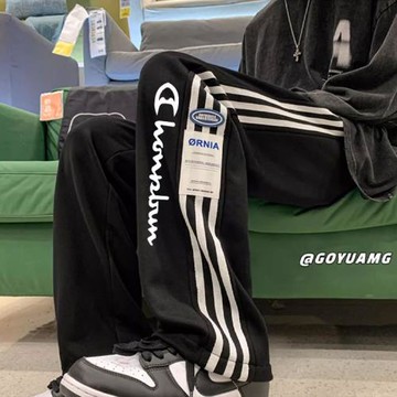 賣萌冠軍秋冬休閑褲高街側邊條紋衛褲美式女時尚直筒闊腿褲運動褲