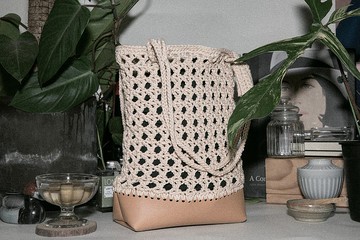 編織大容量手提肩背包 | 米白 | 網格、皮質包底