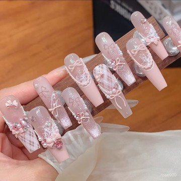 ✨Hannah✨雪花純手工氛圍爆閃穿戴貓眼聖誕蝴蝶結鏈條高級氣質顯白美甲手工穿戴甲 F8G0