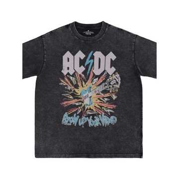 ACDC數碼直噴水洗做舊復古美式街頭朋克搖滾樂隊長袖寬松短袖T恤