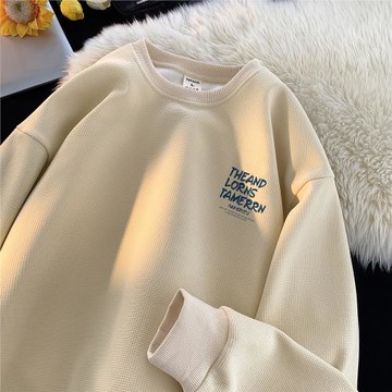 華夫格長袖t恤男春秋季潮流寬松上衣美式復古圓領體恤套頭打底衫