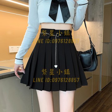 黑色百褶裙女春秋設計感鏈條a字半身裙遮胯顯瘦高腰短裙【繁星小鎮】