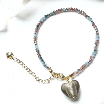 水晶玻璃珠心型吊飾手鏈 姊妹禮物