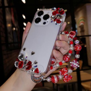 適用于iPhone16pro max蘋果14手機殼12水鉆紅色寶石15plus簡約透明11水鉆掛鏈保護套全包13防摔奢華