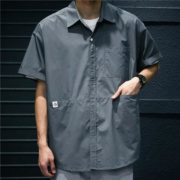 男裝夏季潮牌工装短袖衬衫男夏季薄款大码宽松五分袖百搭休闲衬衣