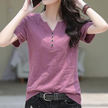 竹節棉V領紐扣短袖t恤女夏新款韓寬松大碼純棉白色百搭半袖上衣女