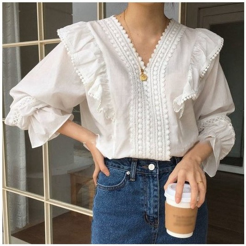 フリルブラウス 肩フリル 白 レース トップス 袖フリル Vネック 七分袖 透け 上品 清楚 大人 フェミニン ガーリー フリル 白 夏 ブラウス 通販 Lineポイント最大get Lineショッピング