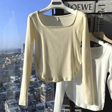 純色方領長袖t恤女2024新款春秋修身不規則洋氣內搭打底小衫上衣