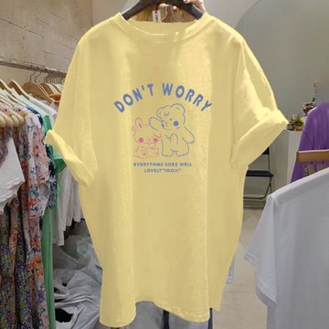 歐貨大版小熊純棉中長款黃色t恤女夏季短袖2025新款大碼寬松上衣