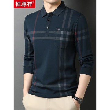 恒源祥中老年男士條紋長袖T恤翻領春秋季休閑寬松上衣爸爸POLO衫