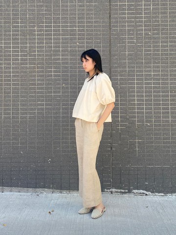 配色拼接抓皺上衣-微瑕