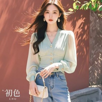 初色 法式純色單排釦V領長袖燈籠袖襯衫上衣女上衣-綠色-38852(M-2XL可選)