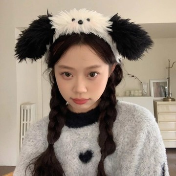 可愛髮箍🎀 秋冬爆款美拉德發飾可愛毛絨黑白小狗發箍女高顏值洗臉化妝頭箍