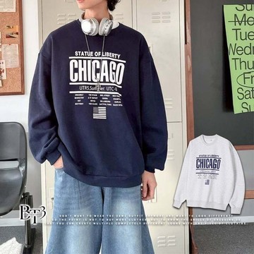 【BT3】CHICAGO 大學T 內刷毛 厚磅 刷毛長袖 寬鬆長袖 情侶大學T 保暖長袖 長袖上衣【FM09】