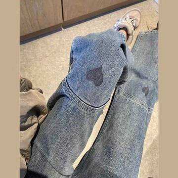 長褲 牛仔褲 顯瘦褲 褲子 微喇褲 直筒褲 復古愛心牛仔褲高腰顯瘦女直筒寬鬆設計感長褲子高街ins潮闊腿褲