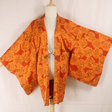古董 日本製 橘色羽織 | 精緻傳統紋樣 | 優雅和服開襟衫