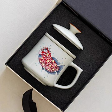 草木灰龍魚泡茶杯辦公室個人專用陶瓷帶蓋茶水分離杯商務禮品logo