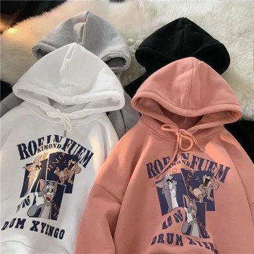 美式復古貓和老鼠衛衣女潮流港風百搭秋冬季bf風連帽外套情侶12