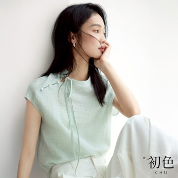 初色 新中式亞麻風圓領斜襟珠釦寬鬆短袖襯衫上衣女上衣-共2色-12071(M-2XL可選)