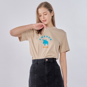 moz瑞典 環形駝鹿 舒適柔棉 100%純棉短T-奶茶(亞洲版)女款