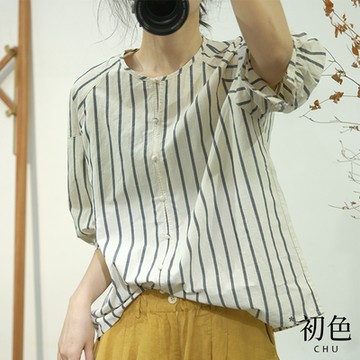 初色 韓版簡約條紋寬鬆顯瘦單排扣休閒七分袖襯衫上衣-豎條紋-35708(M-2XL可選)