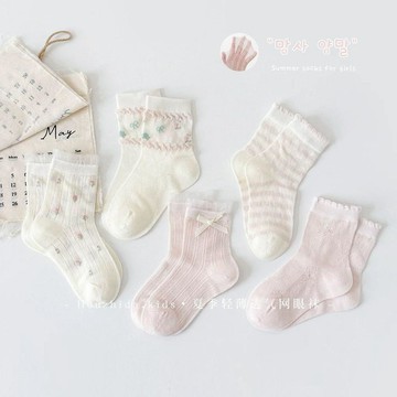 Mini baby🌷女童襪子夏季薄款網眼中筒襪兒童韓系ins蝴蝶結花邊公主襪夏天襪