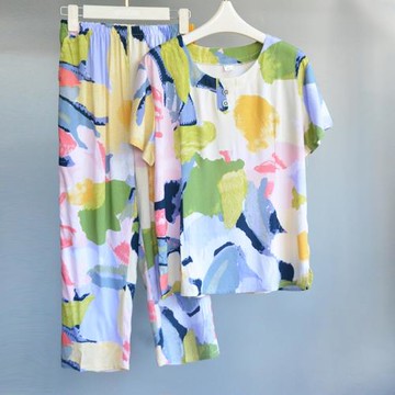 棉綢睡衣女夏季薄款綿綢家居服短袖7分褲中老年人外穿人造棉套裝