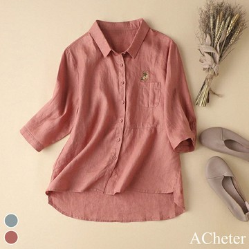 【ACheter】春夏新款刺繡純色寬鬆棉麻七分袖襯衫上衣# 111872(現貨+預購)
