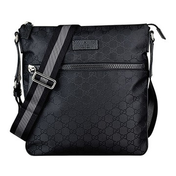 GUCCI 古馳  經典GG LOGO帆布黑灰織帶拉鍊斜背包(黑)