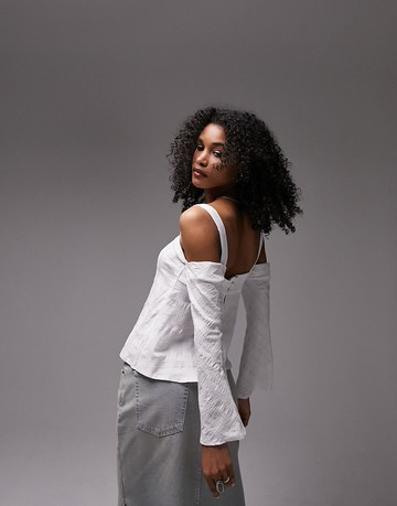 Topshop textured cold shoulder top in ivory-White