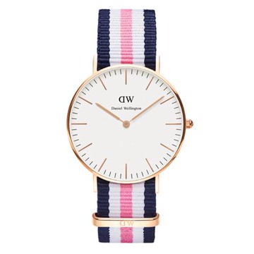 DW Daniel Wellington 藍白粉紅尼龍錶帶-金框/36mm(0506DW)