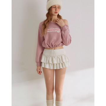 AIR SPACE 不對稱領毛巾繡字母下擺心形扣抽繩短版大學TEE(粉紅/深灰) 女裝 現貨