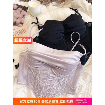 法式性感緞面蕾絲馬甲式抹胸內衣有鋼圈聚攏顯瘦文胸內搭軟鋼圈