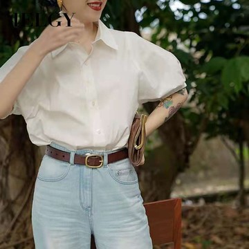 IELGY白色短袖襯衫女小眾法式襯衫微透明