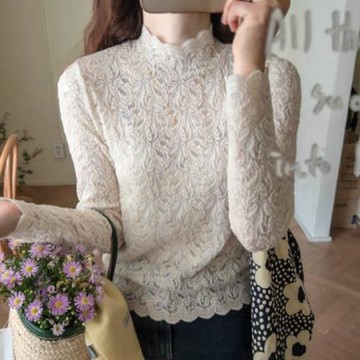 韓國東大門女裝半高領T恤女長袖打底衫內搭2025年春雕花蕾絲衫