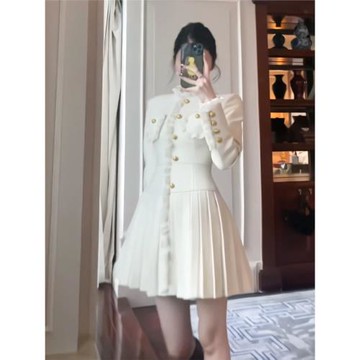 名媛風百褶連衣裙2025冬季新款小香風高級感輕奢溫柔氣質顯瘦短裙