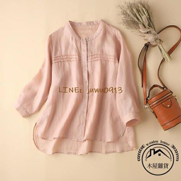 棉麻長袖襯衫女裝文藝亞麻襯衣褶皺素色上衣流行女裝【木屋雜貨】