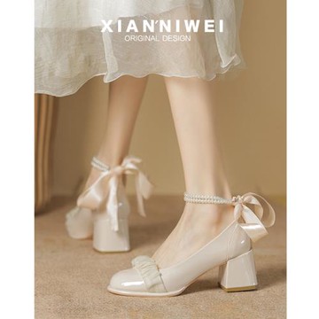 瑪麗珍鞋2025新款春秋仙女風粗跟法式珍珠高跟鞋復古單鞋女配裙子