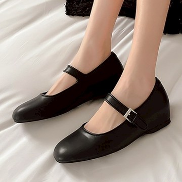 【白鳥麗子】5cm內增高 時尚瑪莉珍素面皮革一字釦楔型包鞋 店長推薦
