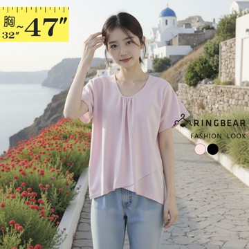 V領上衣--時尚簡約胸前褶皺不規則開岔精梳棉彈力短袖上衣(黑.粉M-3L)-U824眼圈熊中大尺碼