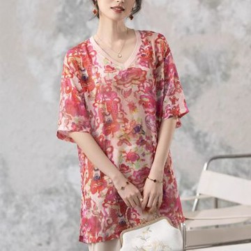 【ALLK 歐楷】新品上架 領中長版印花小衫夏季氣質全新中式女裝 尺寸L-XXL/中大尺碼/涼爽/透氣